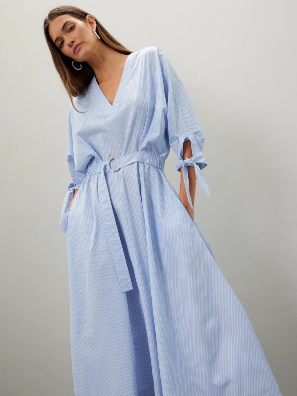 3.1 Phillip Lim Light Blue Striped V-Neck Belted Midi Dress